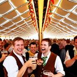 **Prompt 1: The Heart of Oktoberfest Celebration**
    A vibrant, lively wide shot inside a grand Oktoberfest beer tent, filled with thousands of diverse people in traditional Bavarian attire (Lederhosen and Dirndl), enthusiastically toasting with Maß (liter) steins of Märzen beer. The atmosphere is brimming with joy, camaraderie, and contagious energy. A brass band plays traditional music on a raised stage, and the tent ceiling is adorned with festive, warm lighting. Capture the essence of unity, laughter, and a deep connection to German traditions, with the aroma of pretzels subtly implied in the festive air.