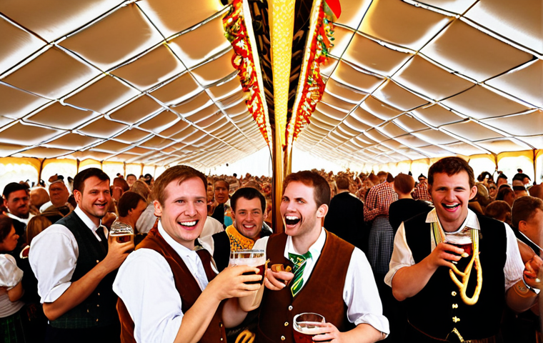 **Prompt 1: The Heart of Oktoberfest Celebration**
    A vibrant, lively wide shot inside a grand Oktoberfest beer tent, filled with thousands of diverse people in traditional Bavarian attire (Lederhosen and Dirndl), enthusiastically toasting with Maß (liter) steins of Märzen beer. The atmosphere is brimming with joy, camaraderie, and contagious energy. A brass band plays traditional music on a raised stage, and the tent ceiling is adorned with festive, warm lighting. Capture the essence of unity, laughter, and a deep connection to German traditions, with the aroma of pretzels subtly implied in the festive air.