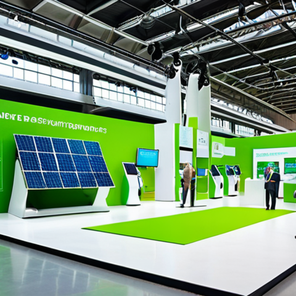 **Image Prompt 1:** A vibrant, futuristic technology exhibition hall filled with diverse Brazilian and Portuguese entrepreneurs and business leaders. The scene highlights groundbreaking sustainable innovations: models of self-sufficient solar and wind-powered factories, advanced recycling machinery, and displays of tangible, biodegradable packaging. Subtle holographic interfaces visualize AI integration and circular economy principles, indicating profitable green solutions. The atmosphere is optimistic, dynamic, and represents a quantum leap in business towards a sustainable, tech-driven future. High detail, bright lighting.