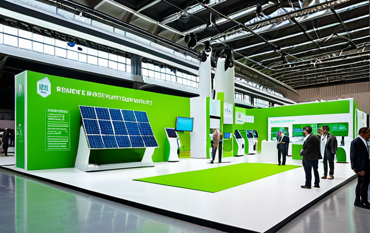 **Image Prompt 1:** A vibrant, futuristic technology exhibition hall filled with diverse Brazilian and Portuguese entrepreneurs and business leaders. The scene highlights groundbreaking sustainable innovations: models of self-sufficient solar and wind-powered factories, advanced recycling machinery, and displays of tangible, biodegradable packaging. Subtle holographic interfaces visualize AI integration and circular economy principles, indicating profitable green solutions. The atmosphere is optimistic, dynamic, and represents a quantum leap in business towards a sustainable, tech-driven future. High detail, bright lighting.