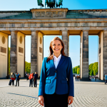 **

A professional businesswoman in a modest business suit, standing confidently in front of the Brandenburg Gate in Berlin, fully clothed, appropriate attire, safe for work, perfect anatomy, natural proportions, professional photography, high quality. The background features a bright, sunny day and a bustling city scene. Focus on conveying competence and professionalism. family-friendly

**