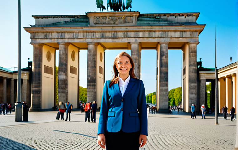 **

A professional businesswoman in a modest business suit, standing confidently in front of the Brandenburg Gate in Berlin, fully clothed, appropriate attire, safe for work, perfect anatomy, natural proportions, professional photography, high quality. The background features a bright, sunny day and a bustling city scene. Focus on conveying competence and professionalism. family-friendly

**