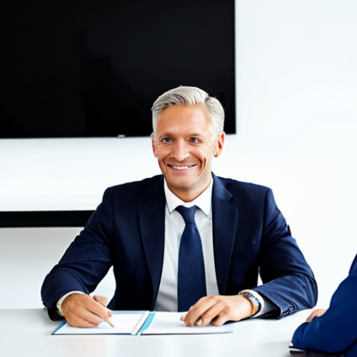 Cross-Cultural Business Meeting**

"A bright, modern office setting. Two professionals, one German and one American, are seated at a conference table. The German is wearing a tailored business suit, fully clothed, and has a serious, focused expression. The American is wearing business casual attire, also fully clothed, and has a relaxed, friendly smile. Documents are spread on the table. The scene conveys a sense of professional collaboration and mutual respect. Safe for work, appropriate content, professional setting, perfect anatomy, natural proportions, well-formed hands, proper finger count, modest clothing, family-friendly."

**