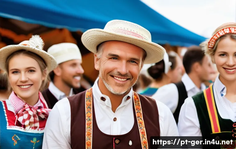 독일 전통 의상 특징 - A vibrant scene at the Oktoberfest in Munich showcasing a group of adults dressed in traditional Bav...