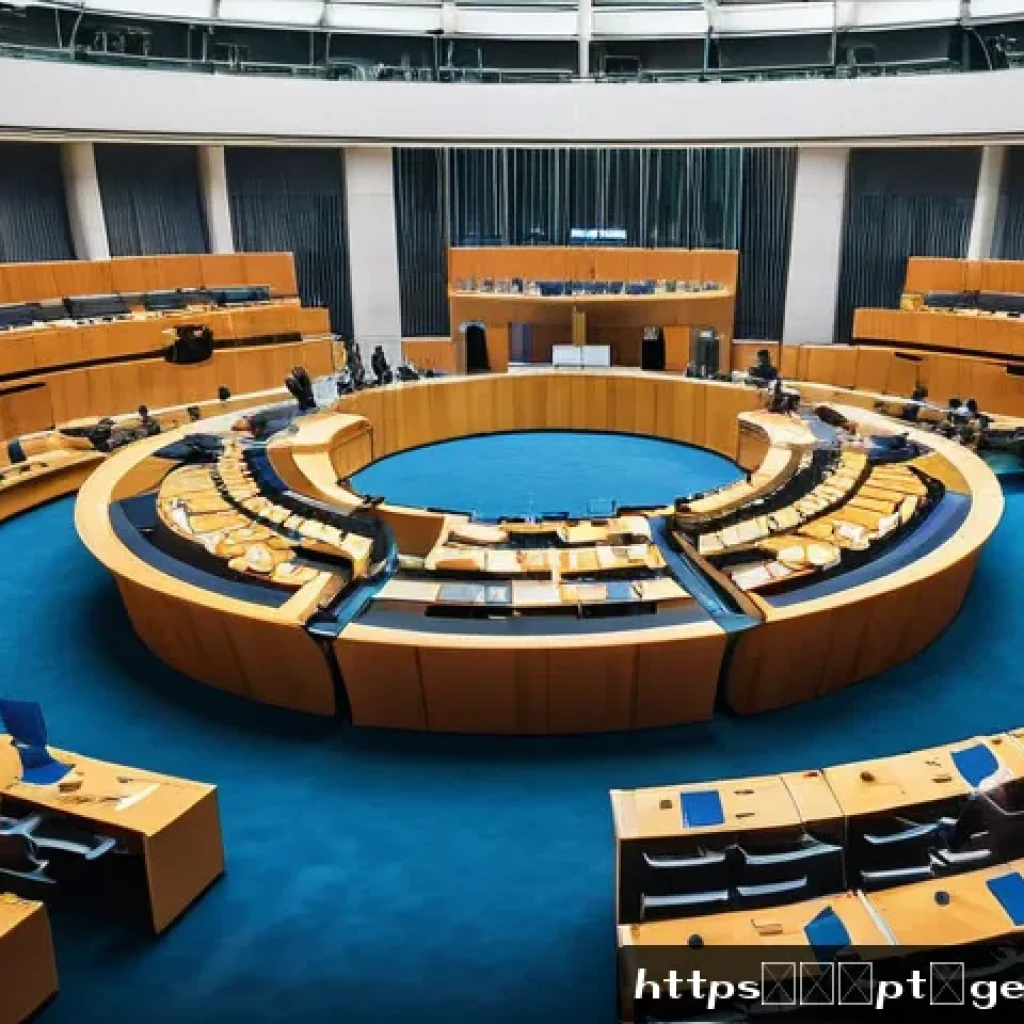 독일의 정치 구조 - A detailed and realistic illustration of the German Bundestag chamber during a legislative session: ...