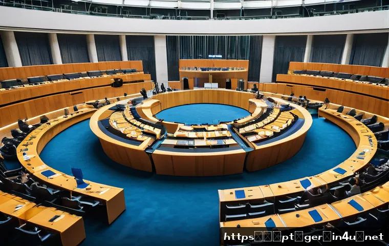 독일의 정치 구조 - A detailed and realistic illustration of the German Bundestag chamber during a legislative session: ...