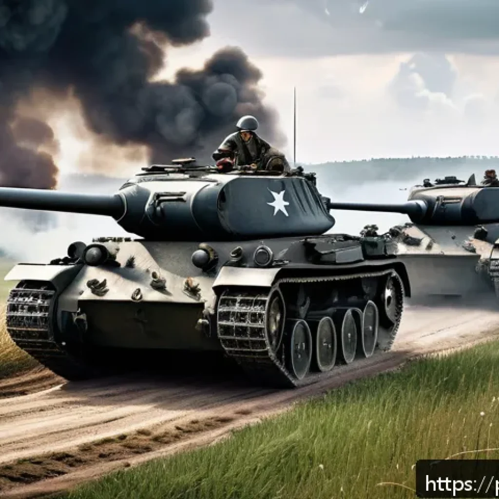 제2차 세계대전 독일 전황 - A highly detailed World War II battlefield scene depicting German Blitzkrieg tactics: fast-moving ta...
