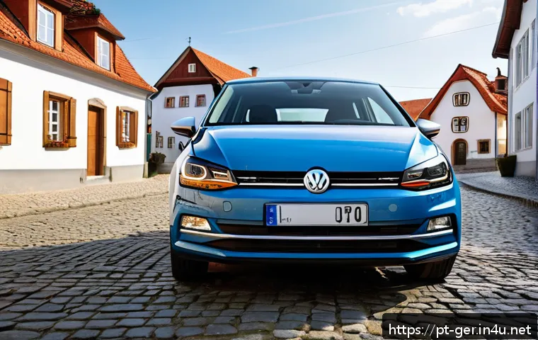독일에서 자동차 리스 방법 - A detailed image of a compact rental car parked on a charming German cobblestone street in a small t...