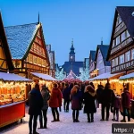 Home 21 독일의 기념일과 전통 행사 - A lively German Christmas market scene at dusk, filled with colorful wooden stalls adorned with twin...