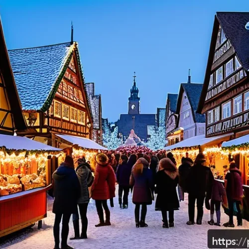Home 33 독일의 기념일과 전통 행사 - A lively German Christmas market scene at dusk, filled with colorful wooden stalls adorned with twin...