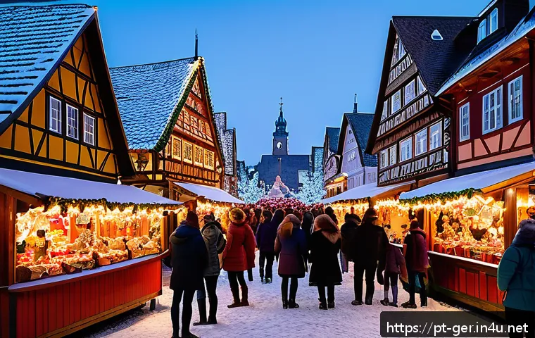 독일의 기념일과 전통 행사 - A lively German Christmas market scene at dusk, filled with colorful wooden stalls adorned with twin...
