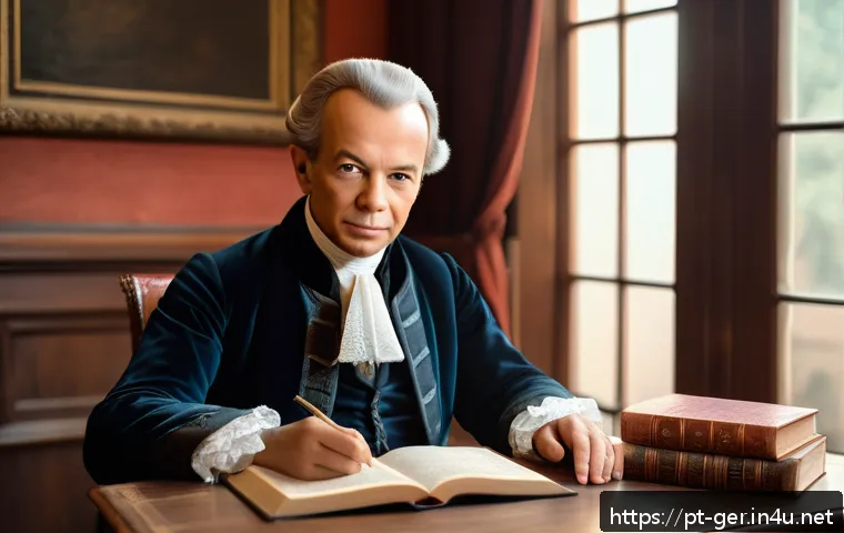 독일 철학자와 사상 비교 - A sophisticated, intellectual portrait of Immanuel Kant depicted as a dignified 18th-century philoso...