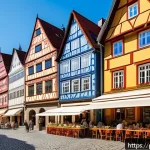 Home 19 독일의 도시별 특색 - A vibrant street scene in a German city where historic half-timbered buildings stand side by side wi...