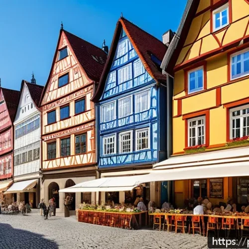 Home 31 독일의 도시별 특색 - A vibrant street scene in a German city where historic half-timbered buildings stand side by side wi...