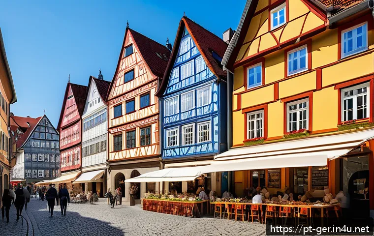 독일의 도시별 특색 - A vibrant street scene in a German city where historic half-timbered buildings stand side by side wi...