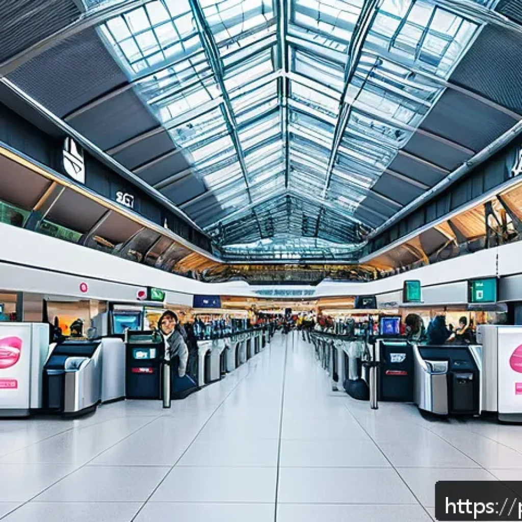 독일의 공항 이용 팁 - A bustling modern German airport terminal interior, showcasing a spacious check-in area with multipl...