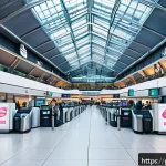 Home 18 독일의 공항 이용 팁 - A bustling modern German airport terminal interior, showcasing a spacious check-in area with multipl...