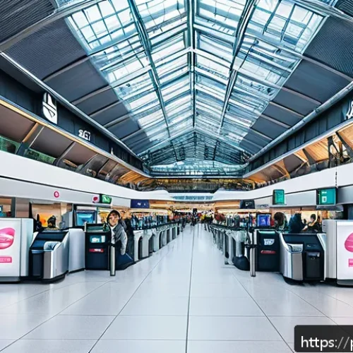 Home 30 독일의 공항 이용 팁 - A bustling modern German airport terminal interior, showcasing a spacious check-in area with multipl...