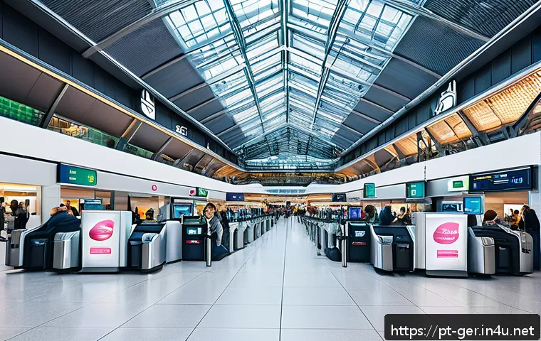 독일의 공항 이용 팁 - A bustling modern German airport terminal interior, showcasing a spacious check-in area with multipl...