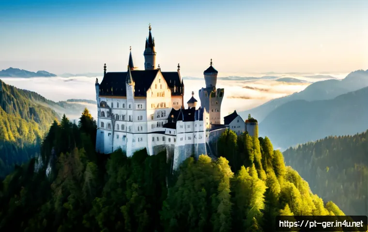 Home 17 노이슈반슈타인 성 - Photorealistic wide-angle view of Neuschwanstein Castle rising above the Bavarian Alps at early morn...